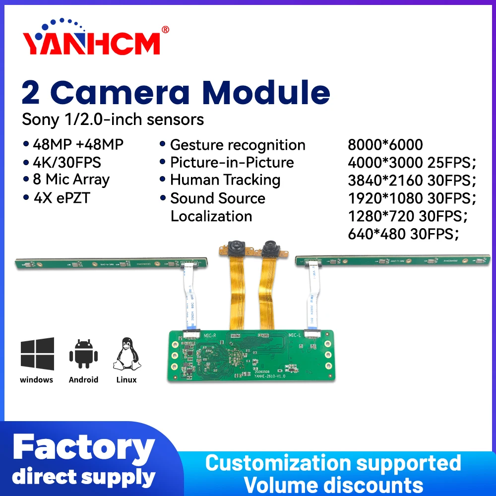 2 Camera Modules 48MP 4K HD 30fps 104° Wide Angle FF 8000*6000 4x EPTZ USB 1/2.0inch Sensor 8 Mic Array For Video Conferencing