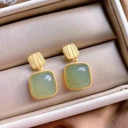 Exaggerated Imitation Jade Green Stone Square Drop Earrings For Women Jewelry Brincos Boho Gift