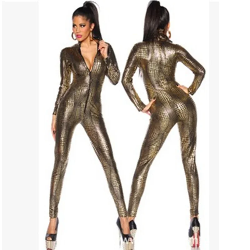 

Sexy Metallic Snake Skin Bodycon Jumpsuit Women Long Sleeve Front Zip Golden Black Bodysuit