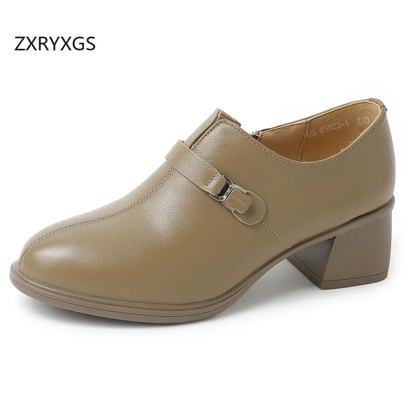 ZXRYXGS British Style Top Layer Cowhide Women Leather Shoes Thick Mid Heels 2024 New Round Toe Singles Shoes Shoes Size 32-43