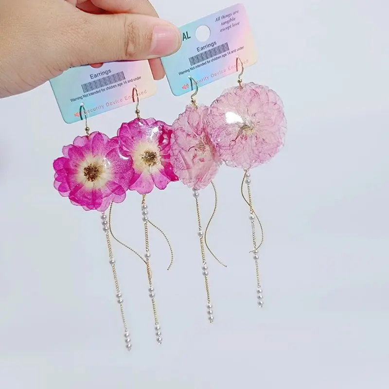 Unique Immortal Flower Long Drop Earrings Sweet Pressed Flower Earrings Handmaking Epoxy Resin Natural Flower Statement Earrings