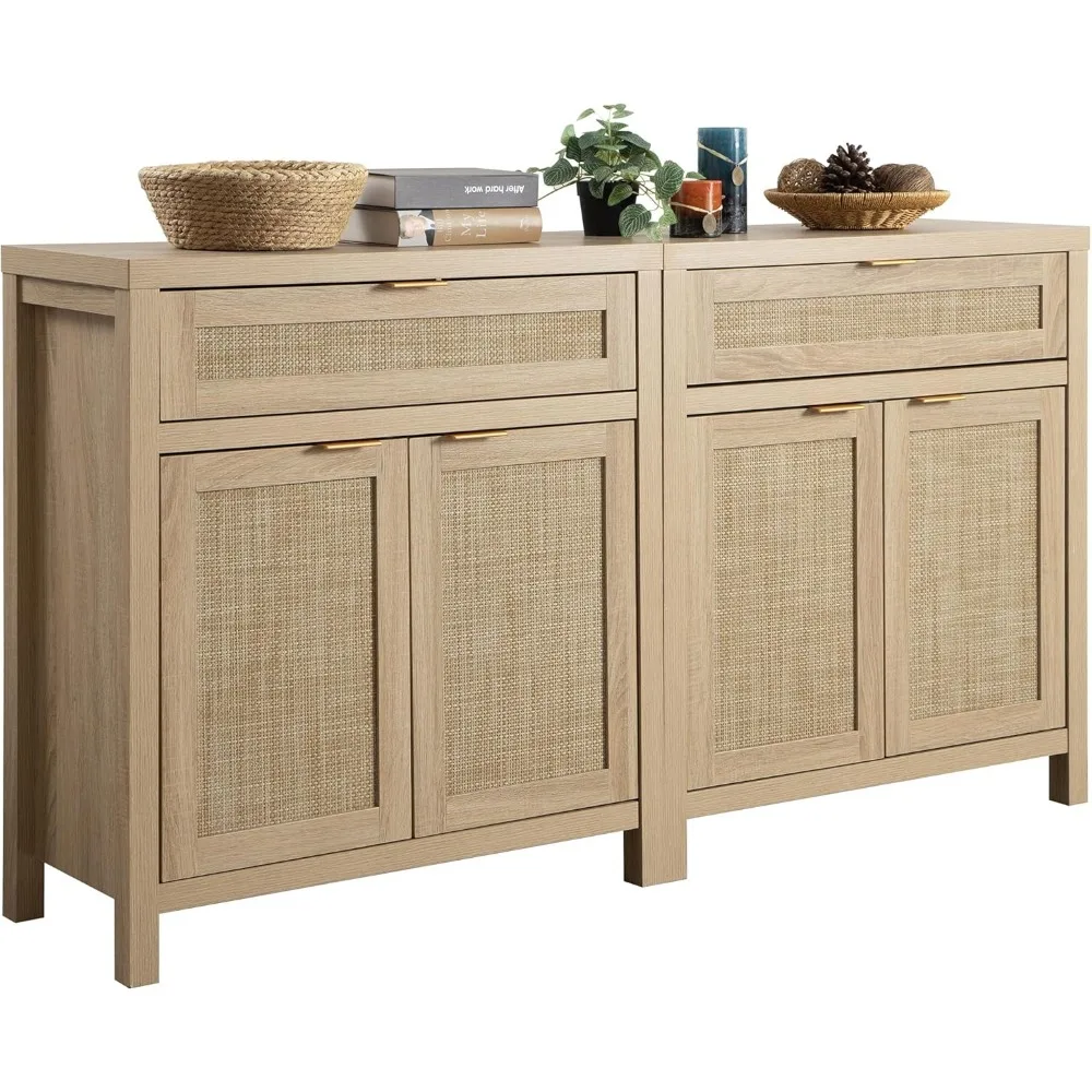 Sideboard Buffet Storage Cabinet Set of 2, Rattan Credenza Buffet Table, Boho Console Accent Cabinet with Doors and Drawer