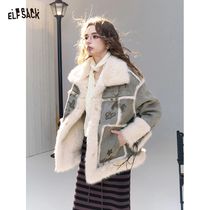 ELFSACK Women's Outerwear with Cartoon Print, Faux Fur Trim Jacket, Cozy Winter Coat with Paw Star Pattern