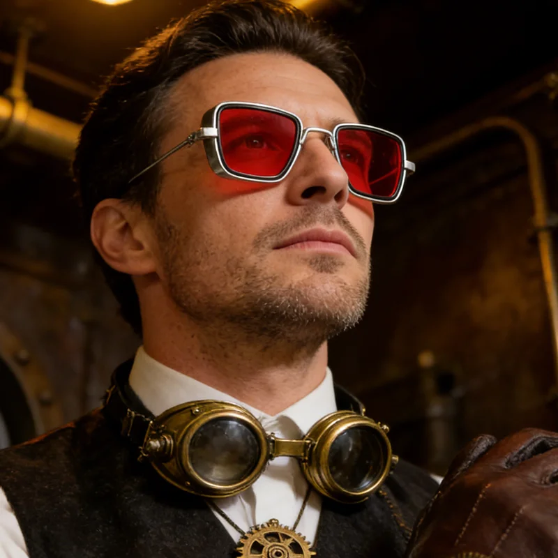 Vintage Steampunk Sonnenbrille für Herren Europäischer und Amerikanischer Stil Metall Kleiner Quadratischer Rahmen Punk-Brille Modische Retro-Sonnenbrille UV400