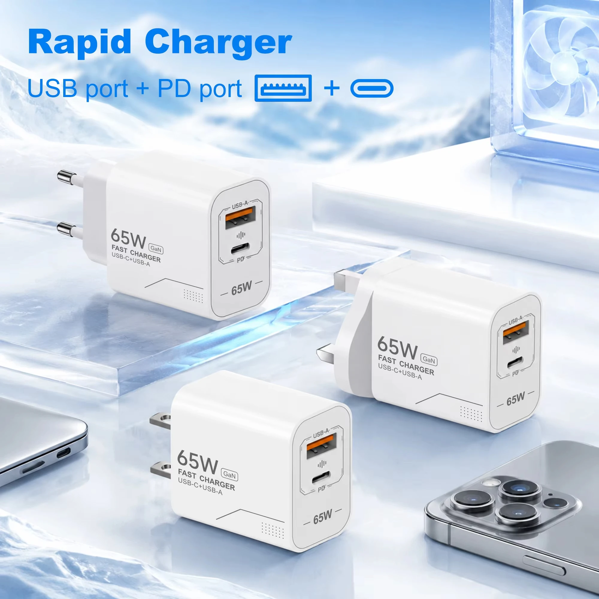 65W GaN USB C Charger 2-Port Fast Charging Phone Charger Power Adapter For iPhone Samsung Xiaomi Type C EU/US Plug Wall Charger