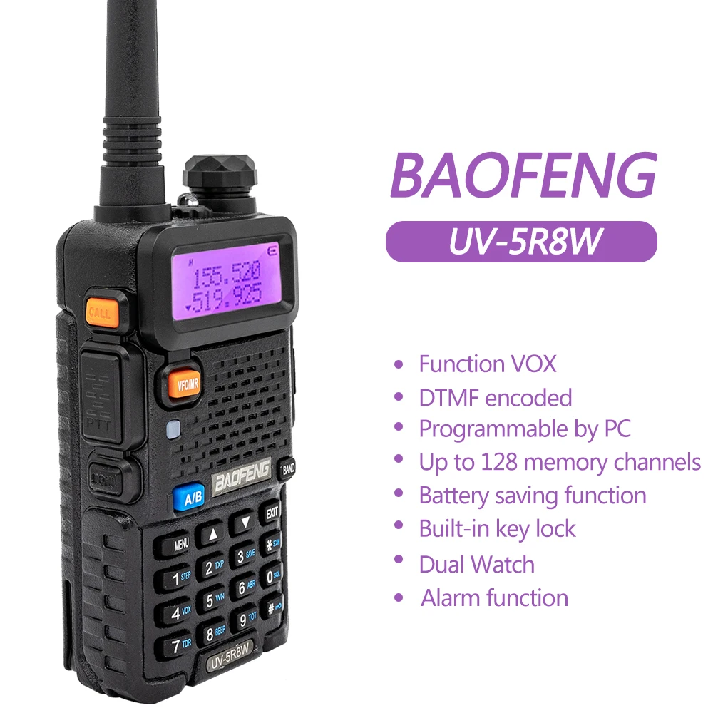 Baofengトランシーバーuv 5r 5w 8wデュアルバンドハム双方向ラジオvhf uhf fmラジオハンドヘルドトランシーバーハンティング16km