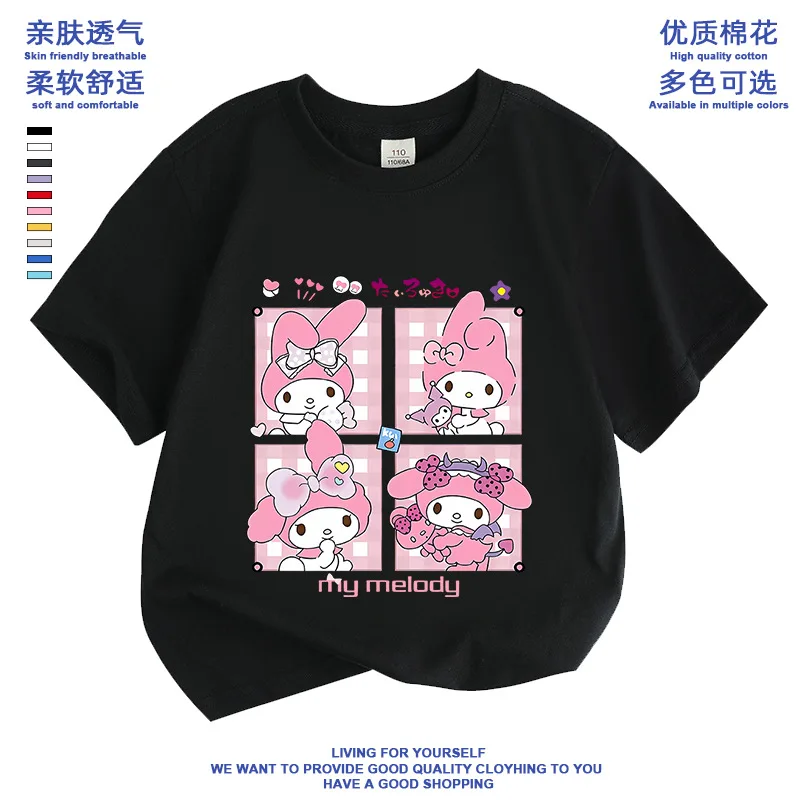 Sanrio 2024 New Cotton T-Shirt Girls Boys Summer Round Neck Casual Top Cartoon Versatile Half Sleeve My Melody Cute Gift