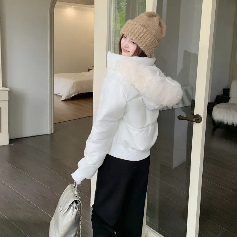 PinkyIsBlack New Fur Collar Hooded Down Padded Jacket Women's Winter Warmth Thickened Slim Short Cotton Padded Clothes Outwear