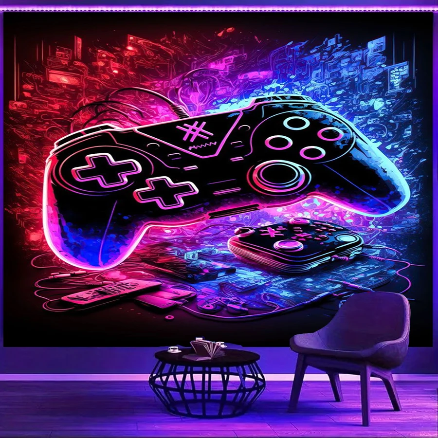 1PC Neon Gamepad Device Art Print Backdrop Banner, Bedroom Living Room Photo Background, Polyester, Home Decor, Wall Art