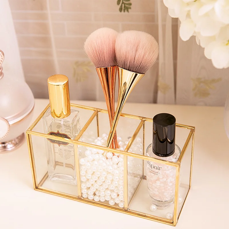 Simple Glass Makeup Brush Storage Container Luxury Desktop Comb Beauty Brush Lipstick Perfume Storage Box Vanity Table Bathroom