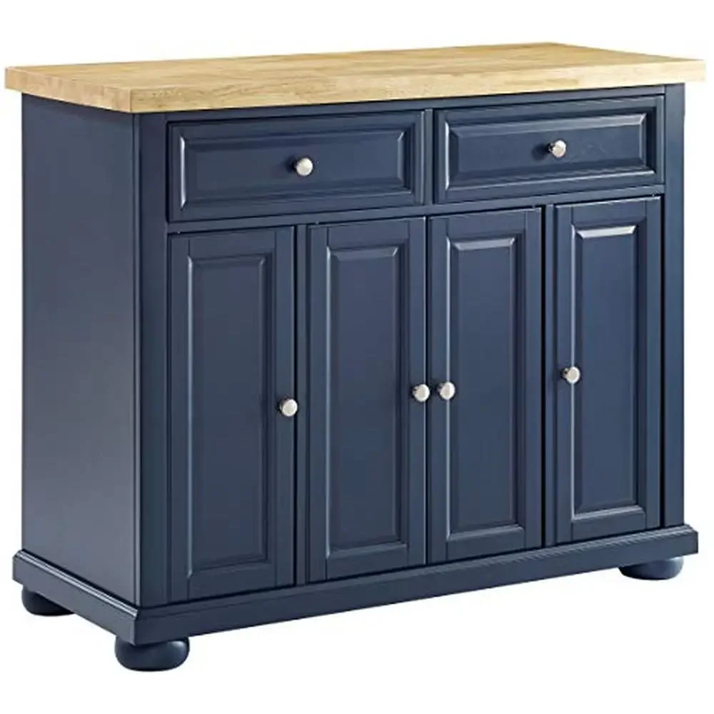 Butcher Block Top Kitchen Island with Ample Storage Birch Veneers Wheeled Cart or Stationary Island Navy Color Solid Wood