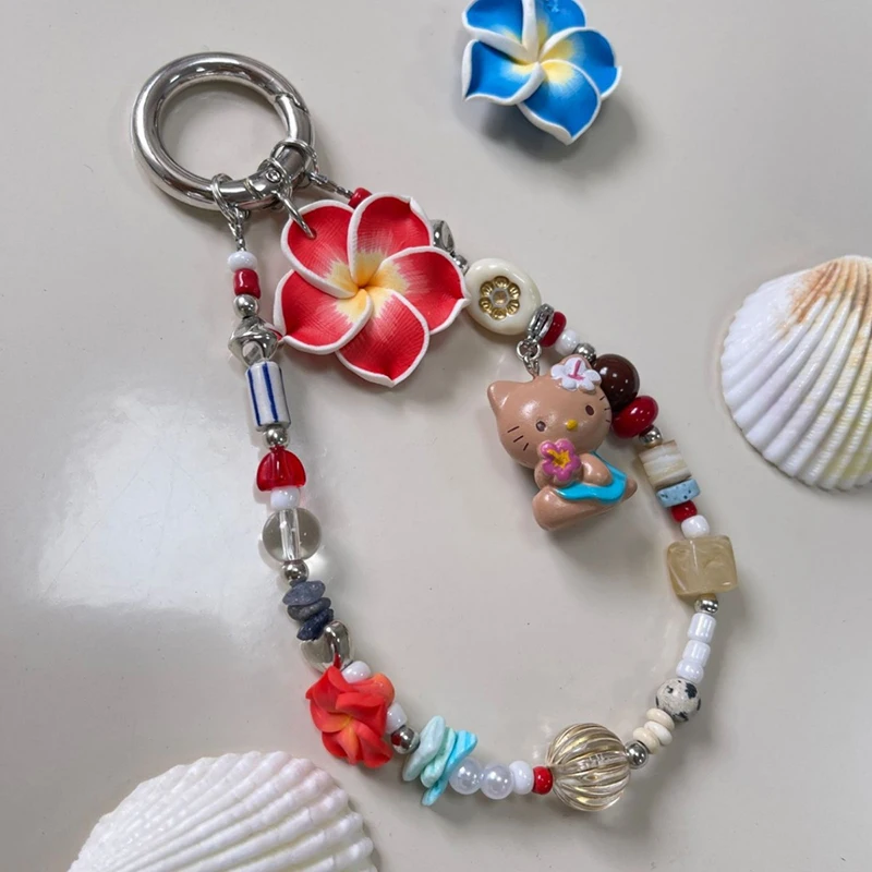 Cordón para teléfono con gato Hawaii Kt de dibujos animados Y2K, pulsera femenina con cuentas, llavero, colgante, bolsa, decoración colgante, regalo para niñas