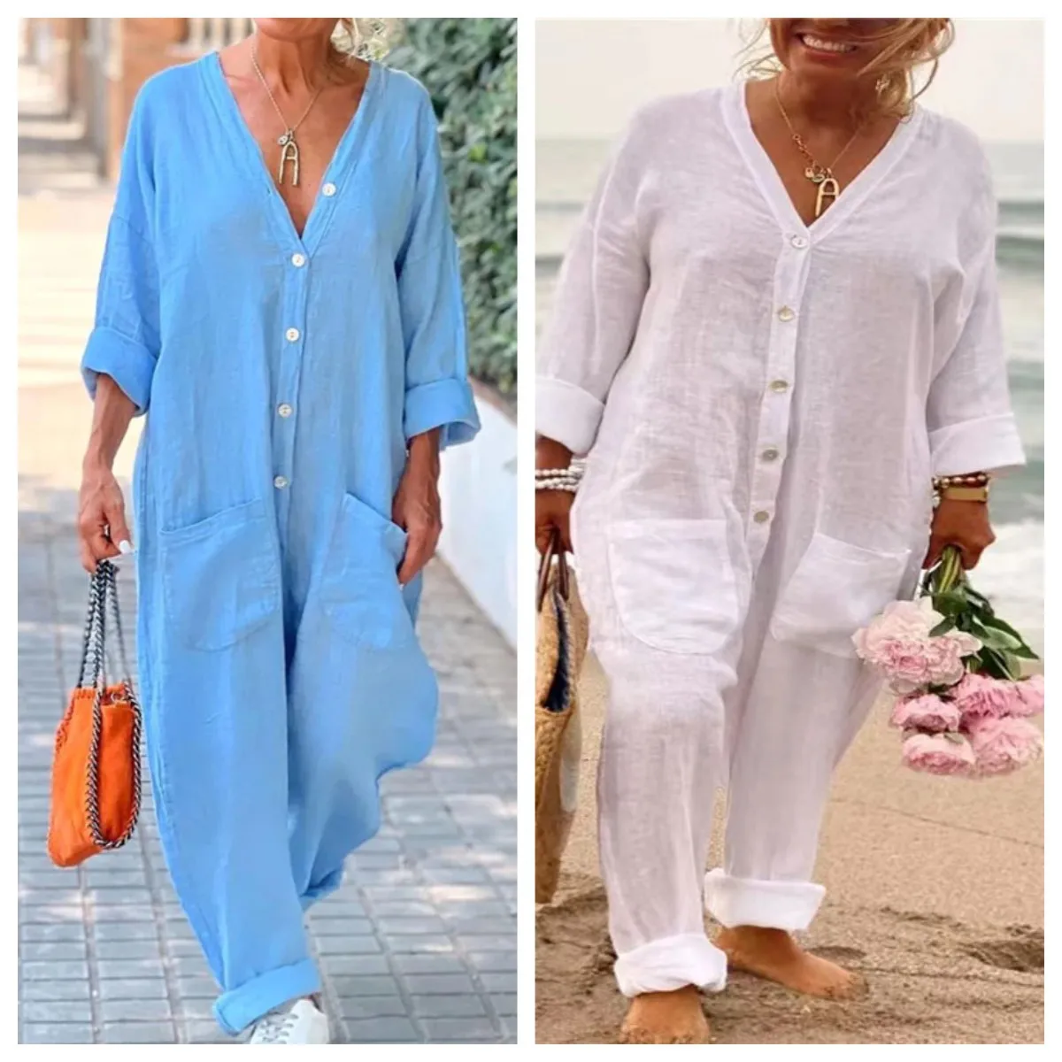 

Women Jumpsuits Long Sleeve Single Breasted Button V Neck Solid Color Wide Leg Pants High Street Loose Fit Casual Pockets