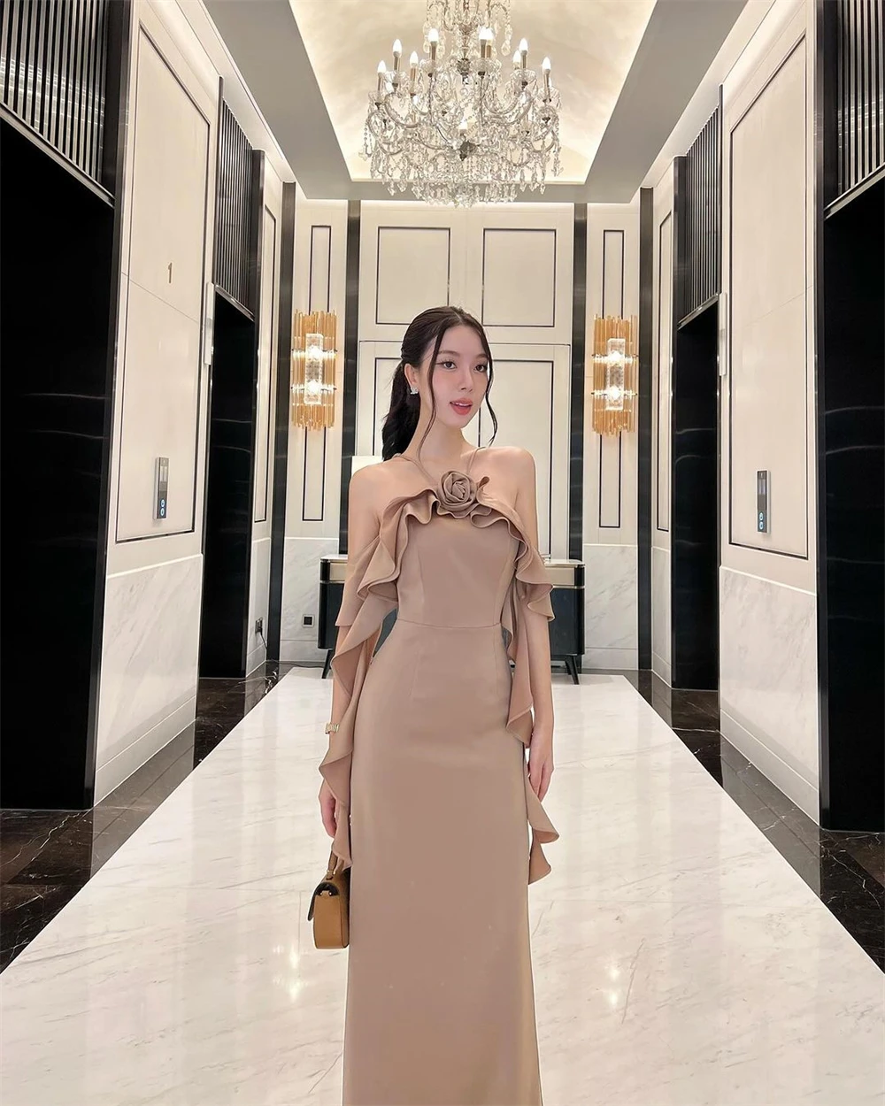 Customized Classic Jersey Halter Sleeveless Evening Dress Elegant Straight Floor Length Flowers Ruched Special Occasion Gowns