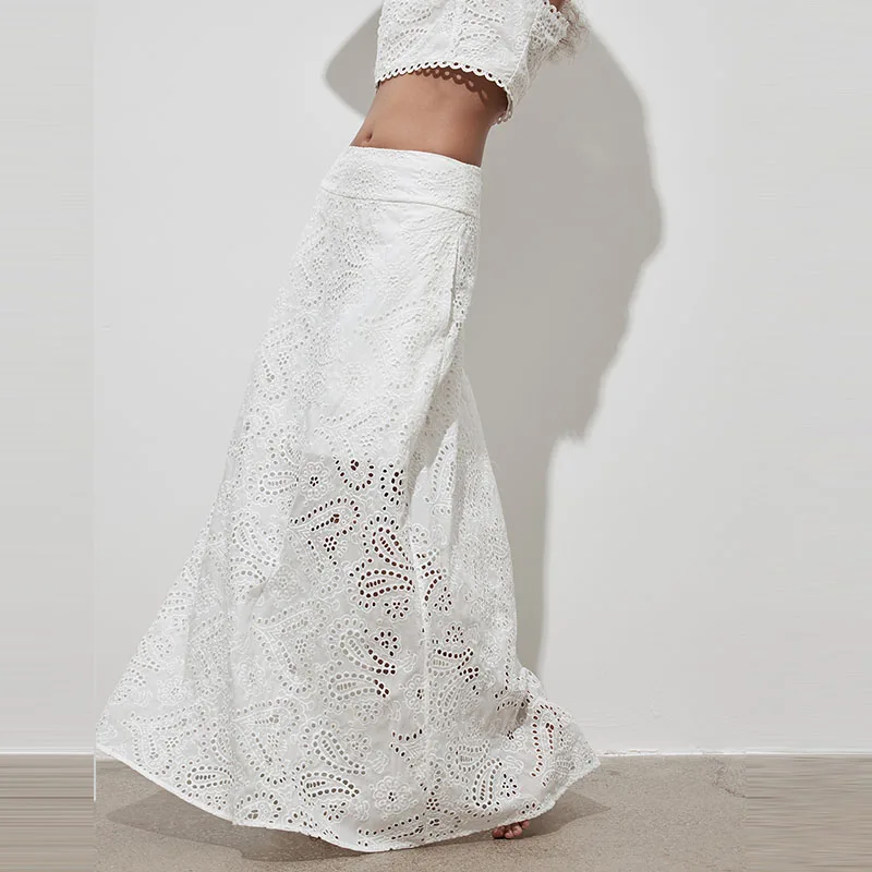

Women's Fashion Holiday A-line Skirt Simple Solid Color High Waist Hollow Out Beach Skirt 2025 Casual Lace Loose Hem Long Skirt