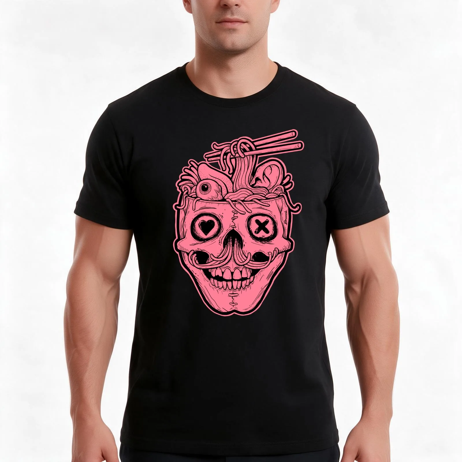 Pink Skull Ramen Brain T-Shirt Summer Casual Cotton Tee Oversized Streetwear Tops Vintage Graphic Print Unisex Men Women