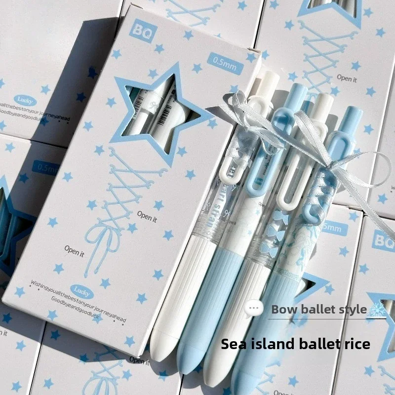 4PCS Ribbon Ballet Themed Gel Pens Premium Blue Series Quick Dry 0.5mm Black Ink Retractable Student Stationery
