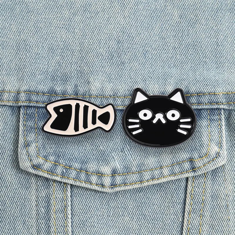 Black Cat and Fishbone Enamel Pins Minimalist Animals Brooches Lapel Badge Monochrome Design Jewelry Gift for Friends