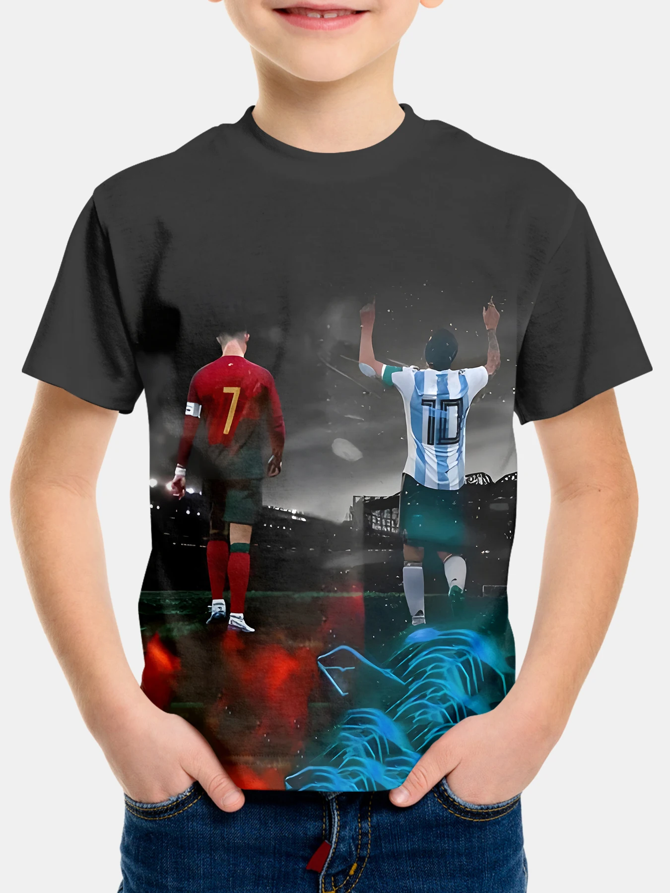 

Boys'Red and blue silhouette summer round neck short sleeved T-shirt, casual lightweight and comfortable top, 3D printed