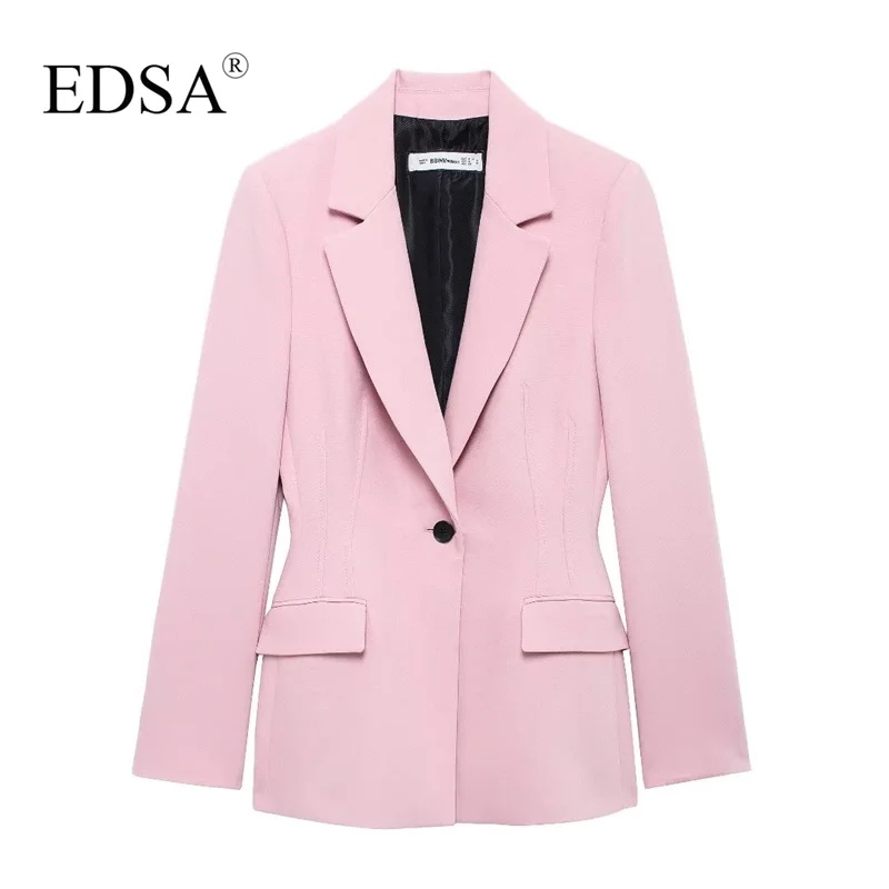 EDSA Women Pink 2 Pcs Pants Set Single Button Blazer Jacket with Flap Pockets & High Waist Straight Flare Trousers Office Lady