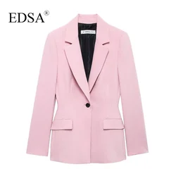 EDSA Women Pink Single Button Blazer Jacket with Flap Pockets for Office Lady Solid Collar Long Sleeves