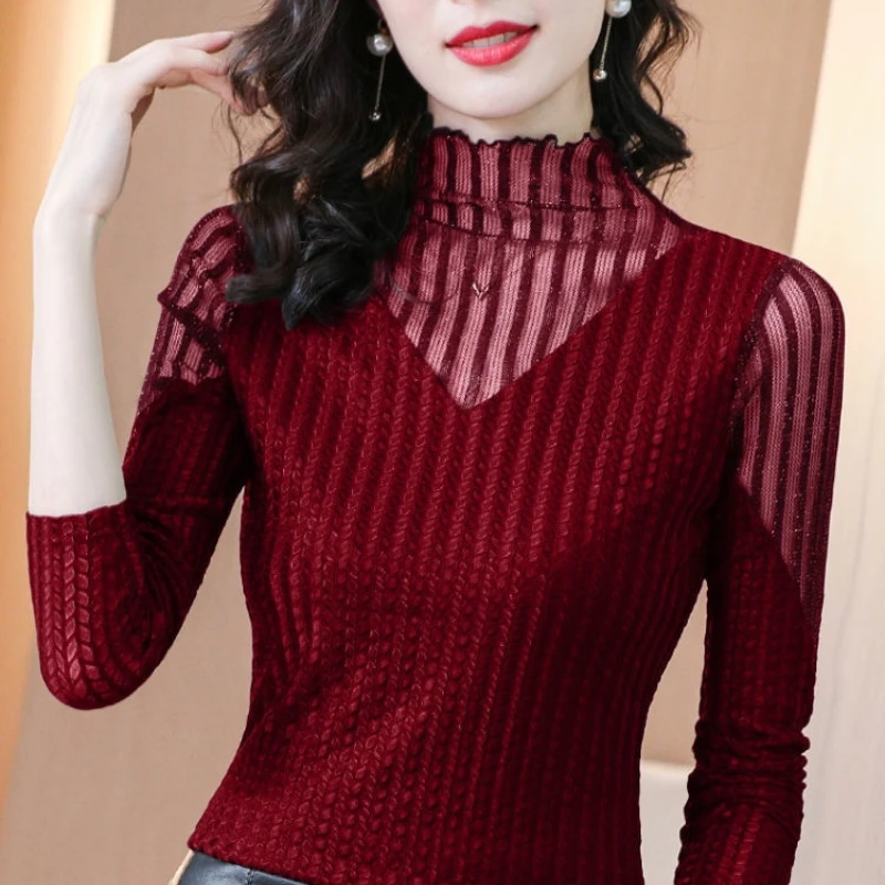 2024 Spring and Autumn Season New Velvet/Non Velvet Half High Collar Bottom Shirt for Women's Inner Layer Mesh Bright Silk Top V