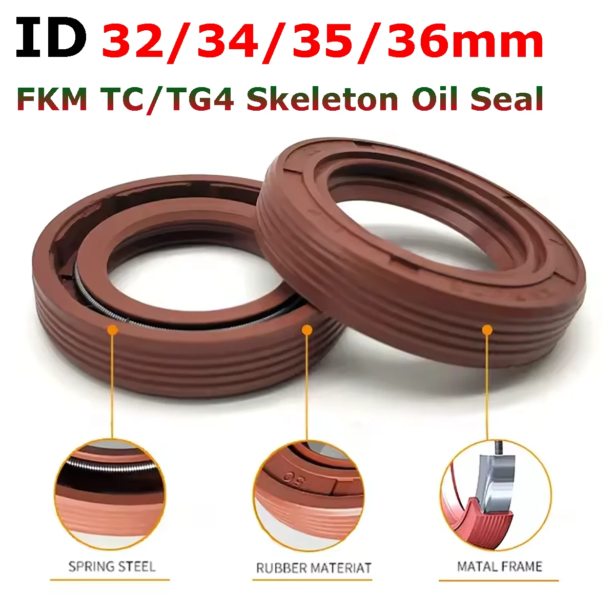 2pcs ID 32mm 34mm 35mm 36mm FKM TC/FB/TG4 Skeleton Oil Seal Rings Fluoro Rubber Double Lip Seal Gasket For Rotation Shaft