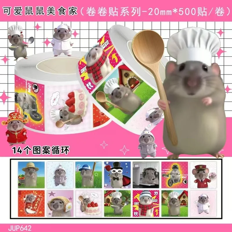 500Pcs Cute Mouse Stickers Roll 14 Designs 20mm Funny Chef Foodie Rat Labels for Scrapbook Journal Gift Packaging DIY Decor