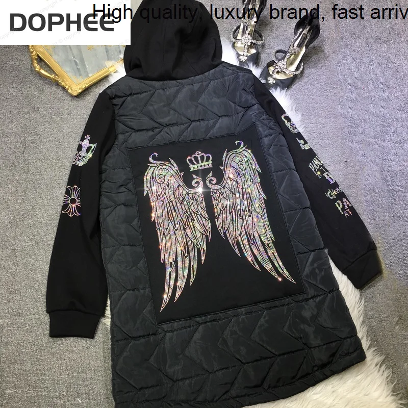 Wings Hot Back Drilling Female Cotton-padded Coat 2023 New Winter Black Hooded Wadded Jacket Mid-long Stitch Long Sleeve Parkas