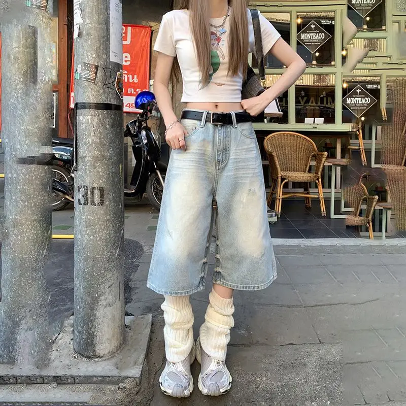 

Vintage High Waist Loose Wide Leg Jeans with Ripped Holes Retro American Style Loose Straight Denim Capri Pants for Women