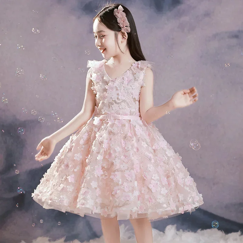 Girls' high-end dress Spring Princess dress Pink children's small host catwalk piano performance competition costume