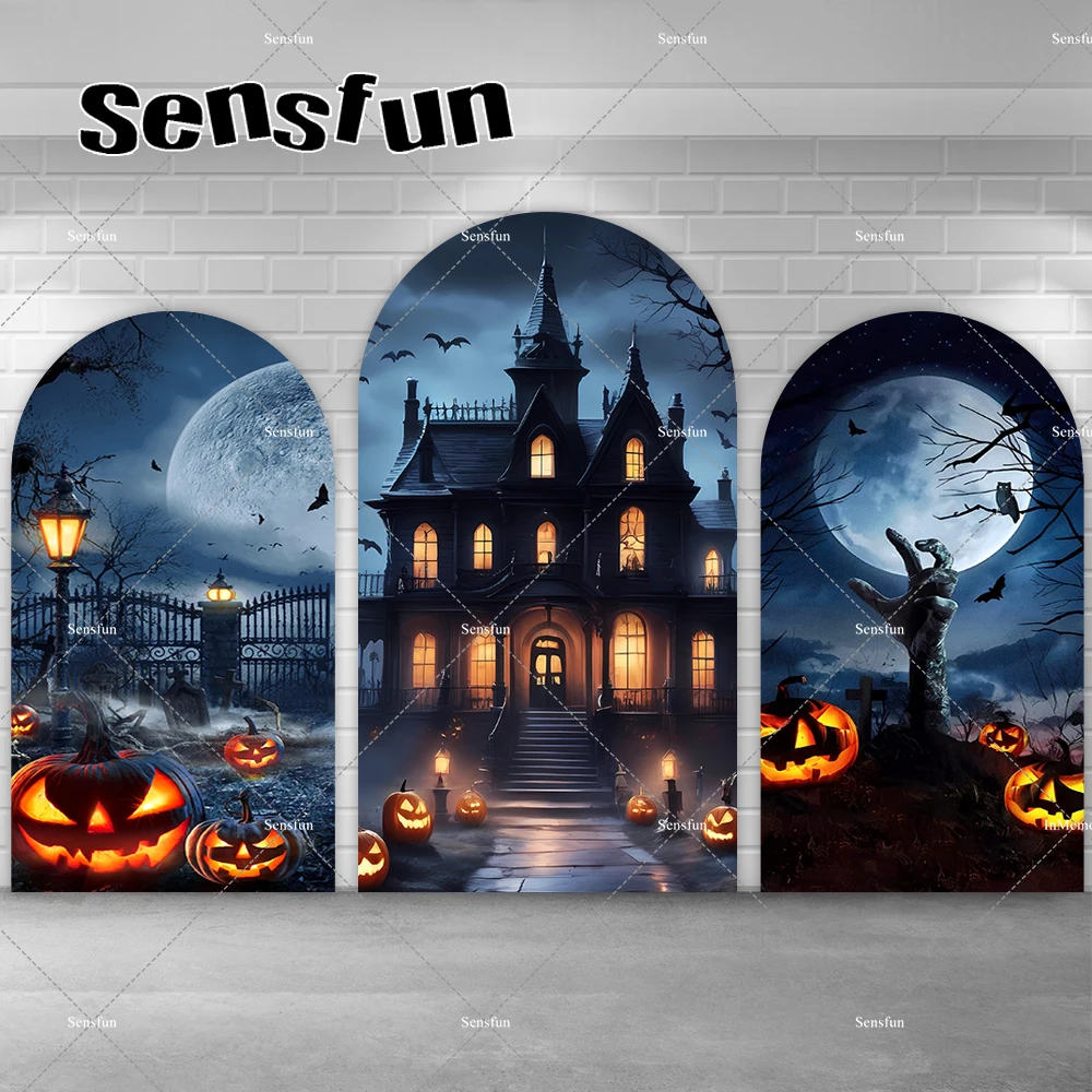 

Halloween Chiara Arch Backdrop Cover Night Castle Moon Pumpkin Ghost Party Photozone Horror Photography Background Doubleside