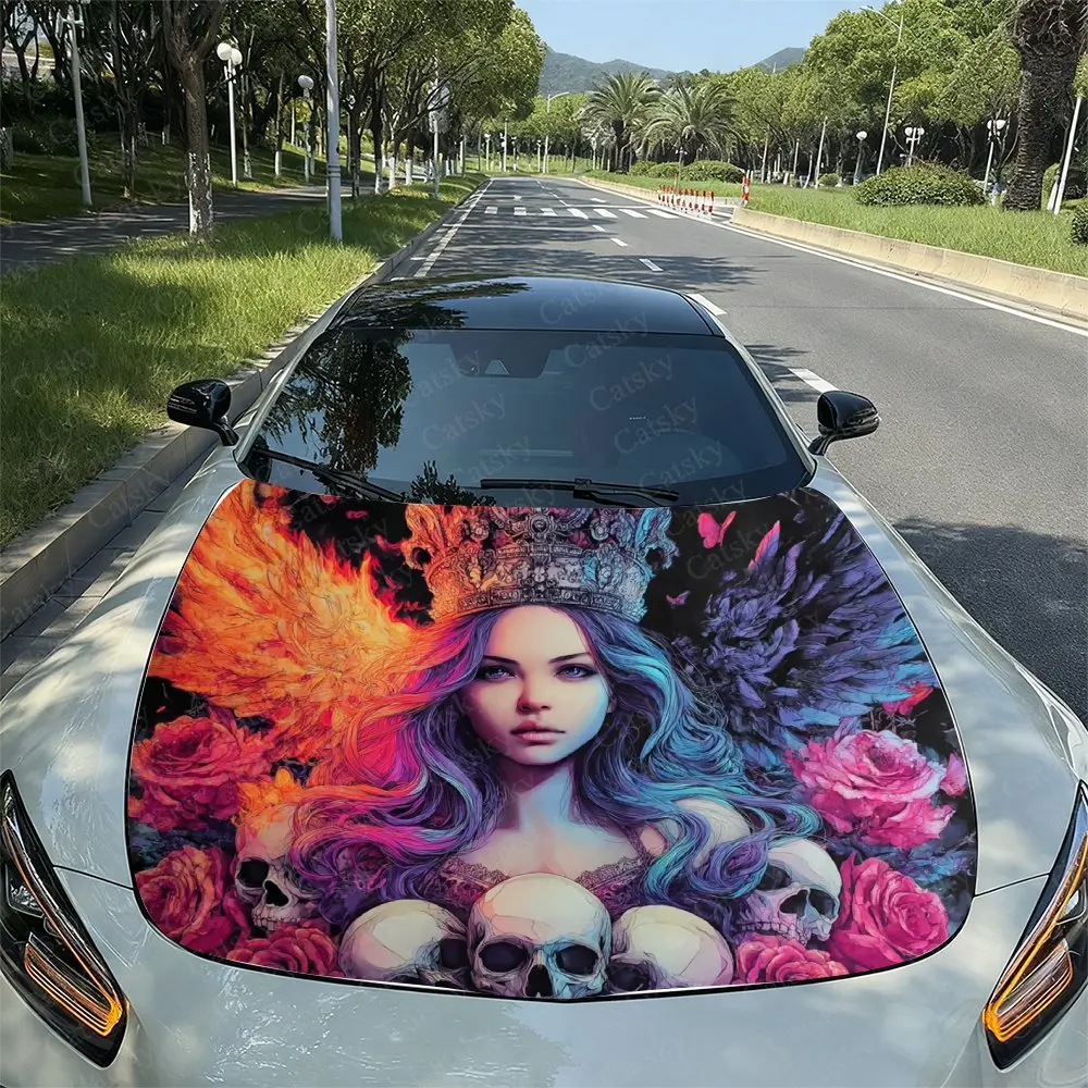 

Car Hood Film,Dark Rose Skeleton Queen Pattern Car Sticker-suitable For Most Car Models Of Vinyl Film,external Accessories;Bubbl