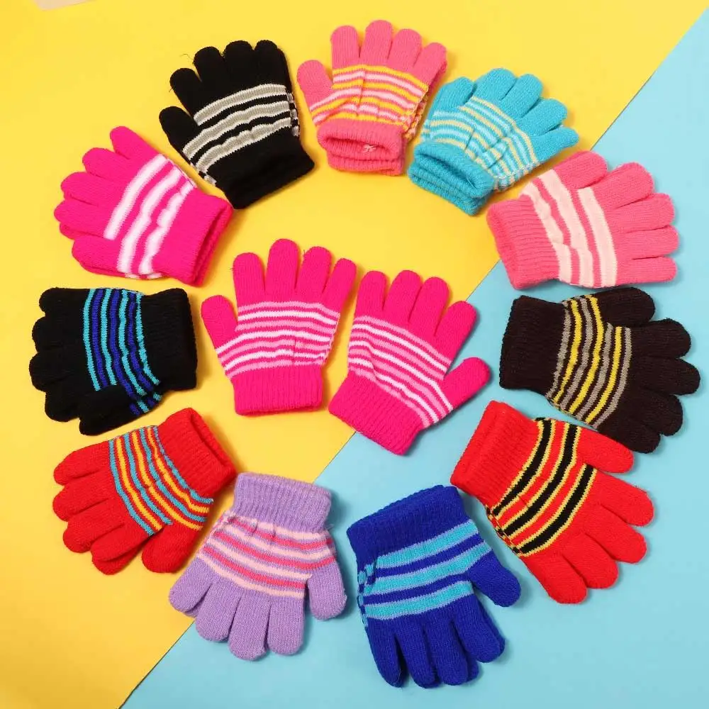 

Windproof Kids Children Warm Soft Outdoor Sports Printed Stripe Baby Mittens Finger Gloves Thickened