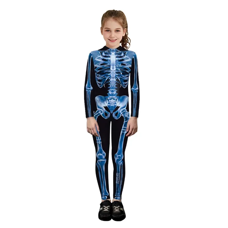 Disfraz de Halloween para padres e hijos, traje a juego, estampado de esqueleto Digital 3D, Mono de LICRA completo, trajes Zentai