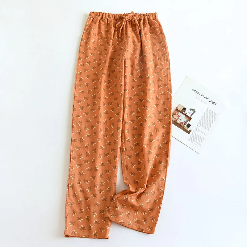 Cotton Floral Pajama Pants Women Big Size Double Gauze Girl Home Trousers Autumn and Winter Loose Lace-Up Sleeping Pants Casual