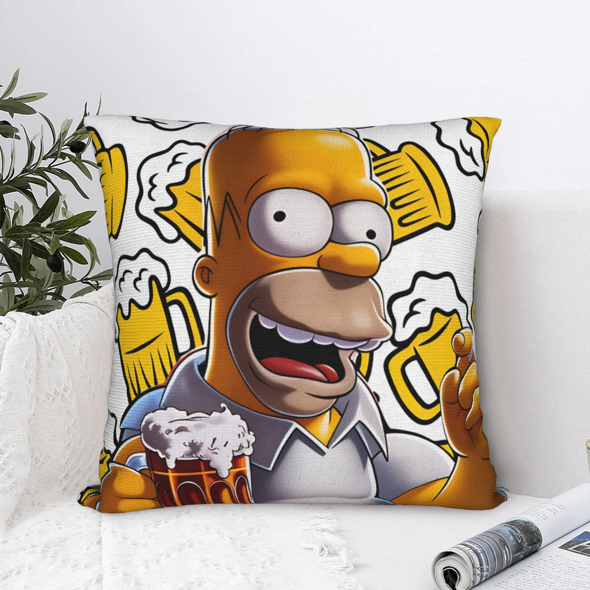 Funda de almohada divertida con diseño de los Simpson y taza de cerveza, funda de almohada para silla de sala de estar, fundas de almohada retro de moda