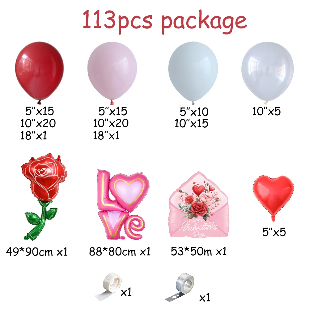 113pcs Burgundy Pink Valentine's Day Balloon Garland Kit LOVE Rose Envelope Foil Balloon Wedding Bridal Anniversary Birthday Dec - view 2
