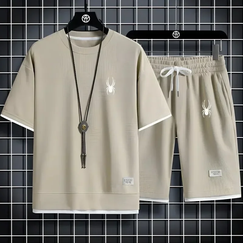 เกาหลี Spider ผู้ชายแขนสั้นเสื้อยืดและกีฬากางเกงขาสั้นฤดูร้อนชุดลําลอง Joggers ชุดผู้ชาย 2 ชิ้น