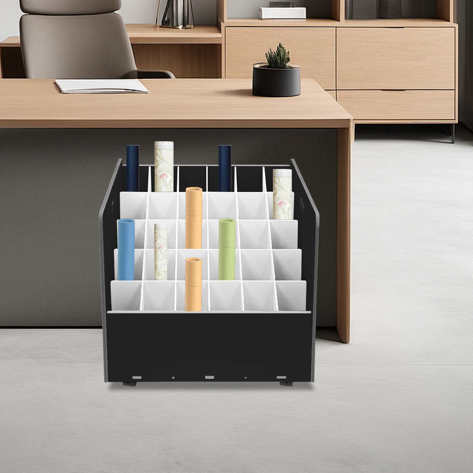 Rak Penyimpanan File Gulung Seluler, Lemari Penyimpanan File Gulung dengan Roda, Organizer Penyimpanan File Gulung 30 Slot dengan Roda