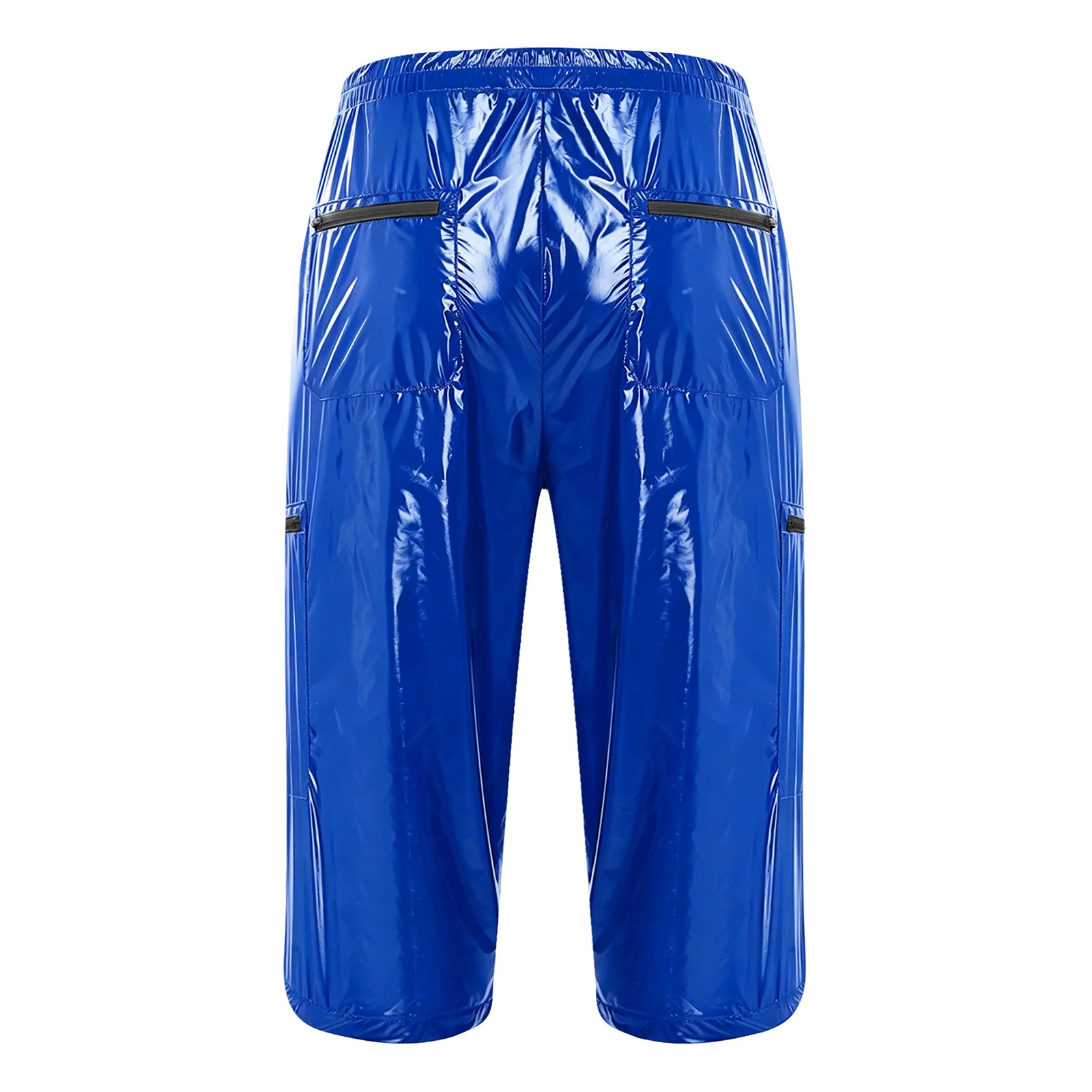 Mens Glossy Waterproof Cropped Cargo Shorts Pants Shiny Multi-pocket Zippers Elastic Waist Band Capri Pants Overalls Costume