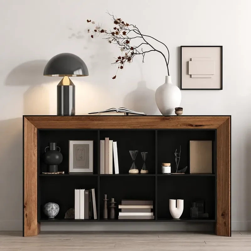 Wabi Sandy Wind Black Solid Wood Side Cabinet Retro Six Grid Locker Living Room Entrance Fireplace Storage Furniture