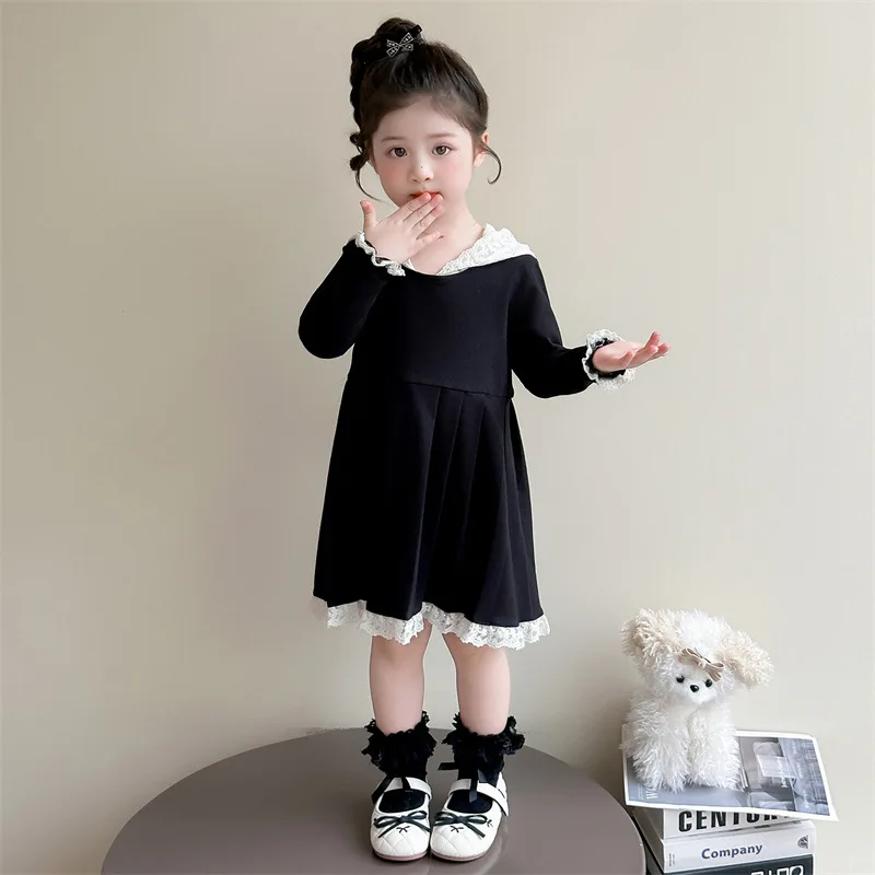 

Girls Dress Spring and Autumn Lace Hat Lace Black Dress Korean Version Fashionable and Stylish Casual Daily Temperament