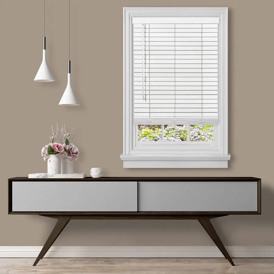 

Room Darkening Plantation Blind 35 Inch Width, 64 Inch Length, 2 Vinyl Slat Size White GII Madera Falsa Faux Wood, Light Filteri
