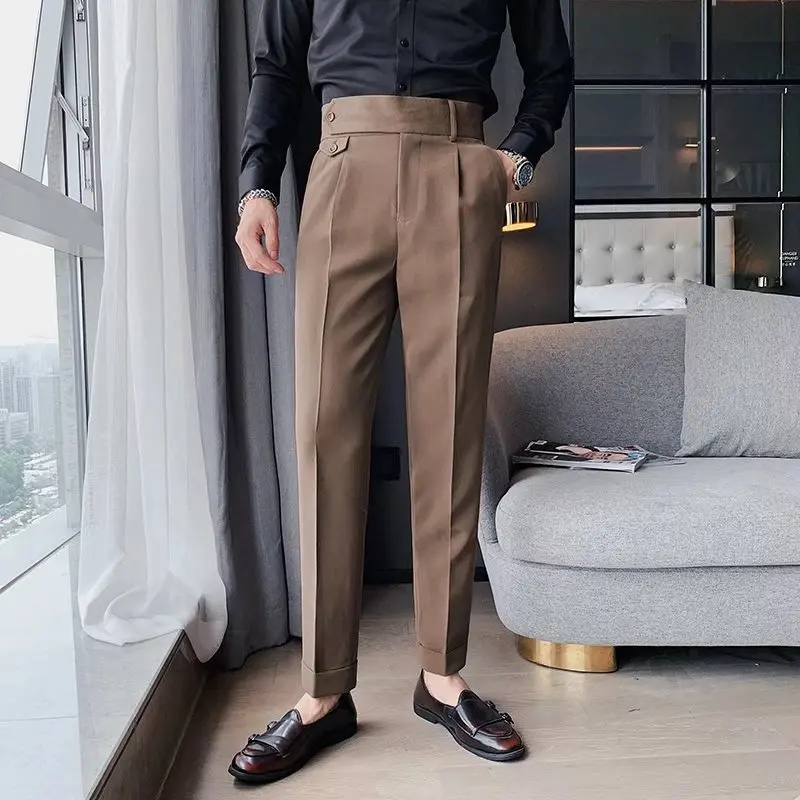 British Style Business Casual Suit Pants Men Fashion Slim Fit Solid Color Straight Leg Pants High Waisted Office Social Trousers