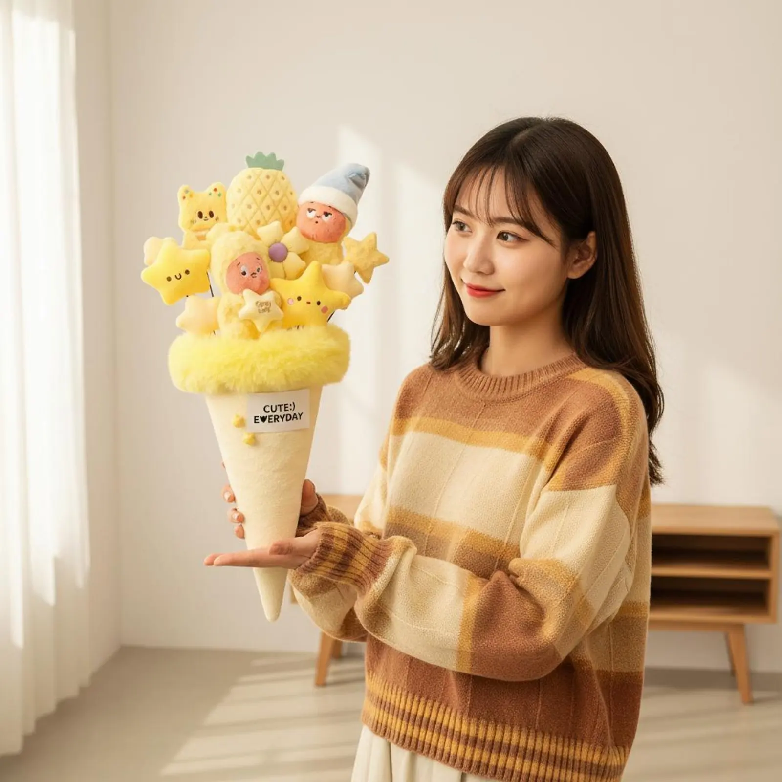 

Композиция из мягких игрушек ручной работы: кукла-фигурка, цветочная композиция, мягкий и уютный декор для дома, яркий.