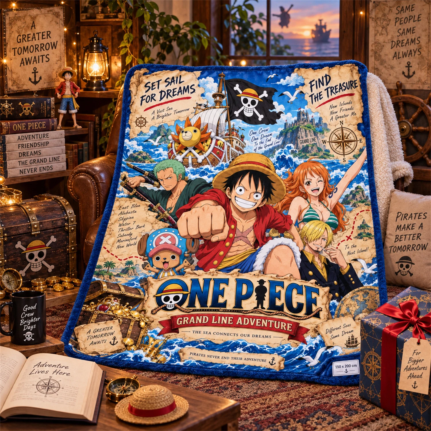 One Piece Anime Blanket Soft Fleece Throw Blanket Grand Line Adventure Pirate Theme Graphic Print Cozy Bedroom Sofa Decor Gift