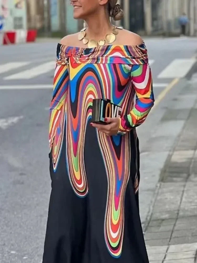 Modigirl Maxi Dresses for women Long Sleeves Autumn Fall Women's Colorful Contrast Color Printed Off-The-Shoulder Long Dresses