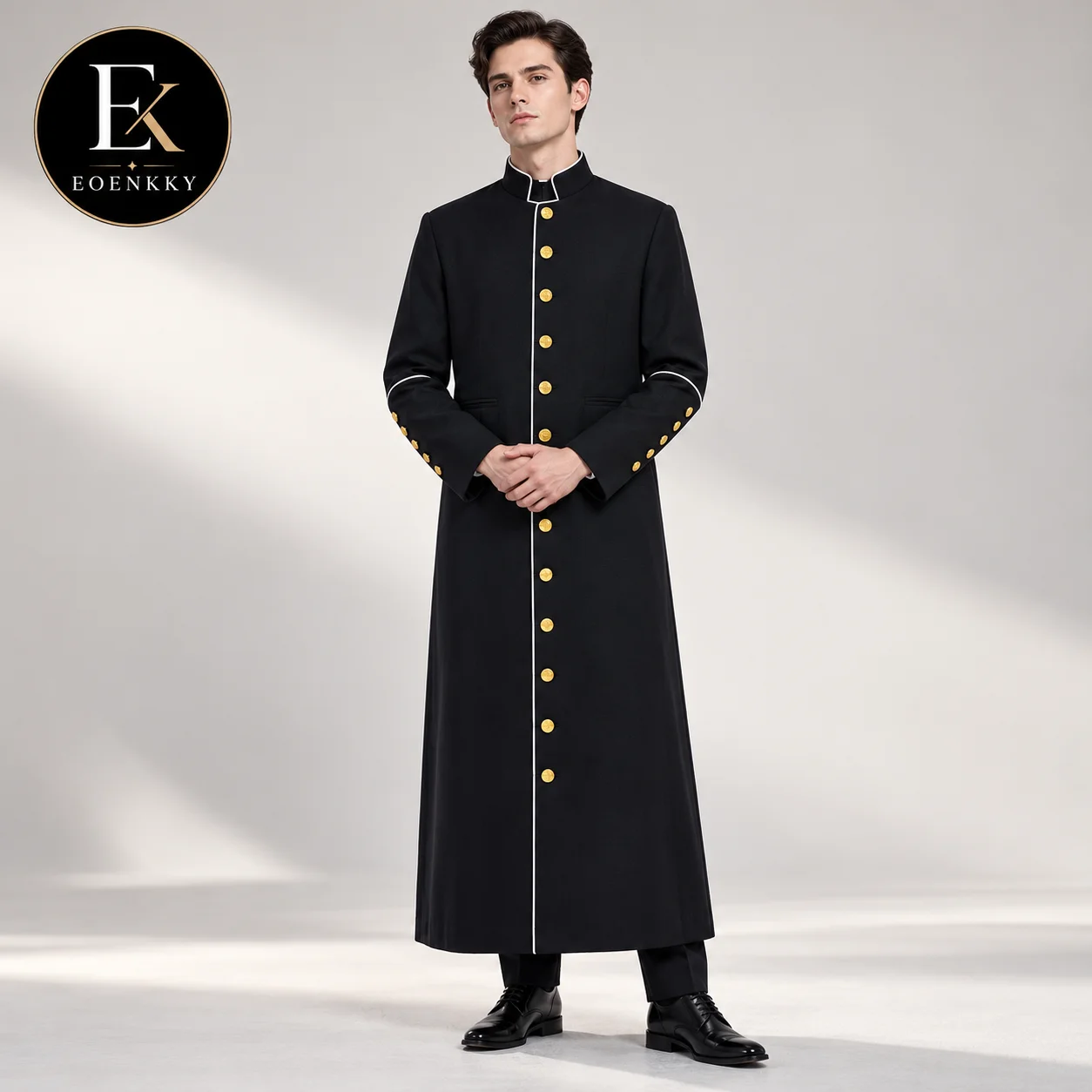EOENKKY Men's Priest Costume Gothic Black Cassock Clergy Robe Long Coat Stand Collar Gold Buttons Medieval Halloween Cosplay
