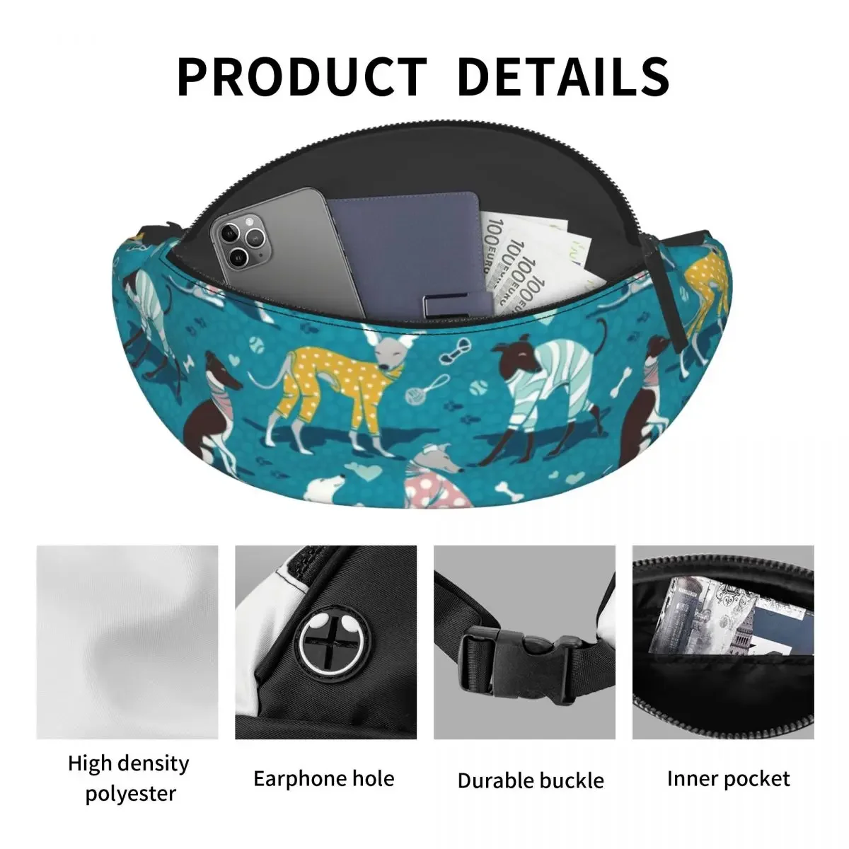 Sac banane pour chien lévriers mignon pour hommes et femmes, sac de taille à bandoulière pour animaux de compagnie, Cool Whippet Sighthound, pour randonnée, pochette d'argent pour téléphone